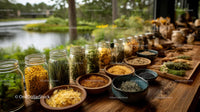 Herbal Ingredients and Spices Display in Rustic Market Setting