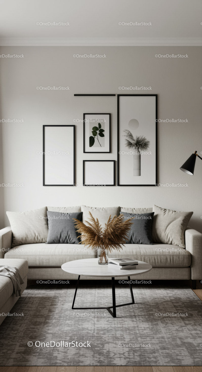 Minimalistyczny salon ze sztuką ścienną i przytulną sofą