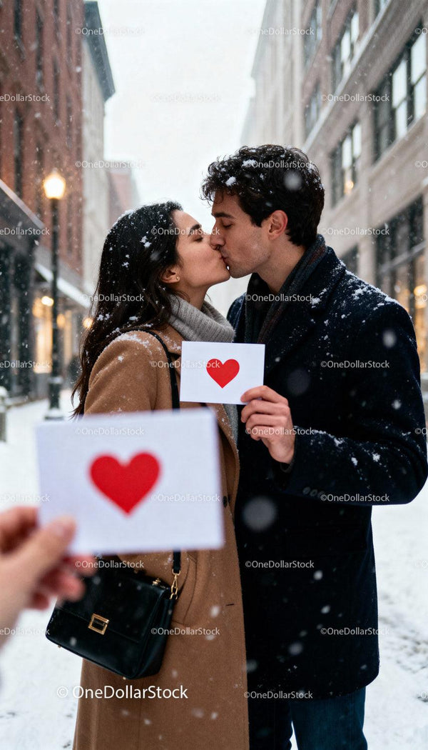 Couple sharing a romantic kiss on a snowy city street