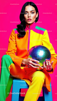 Fashion Model in Bright Colorful Outfit Holding Disco Ball