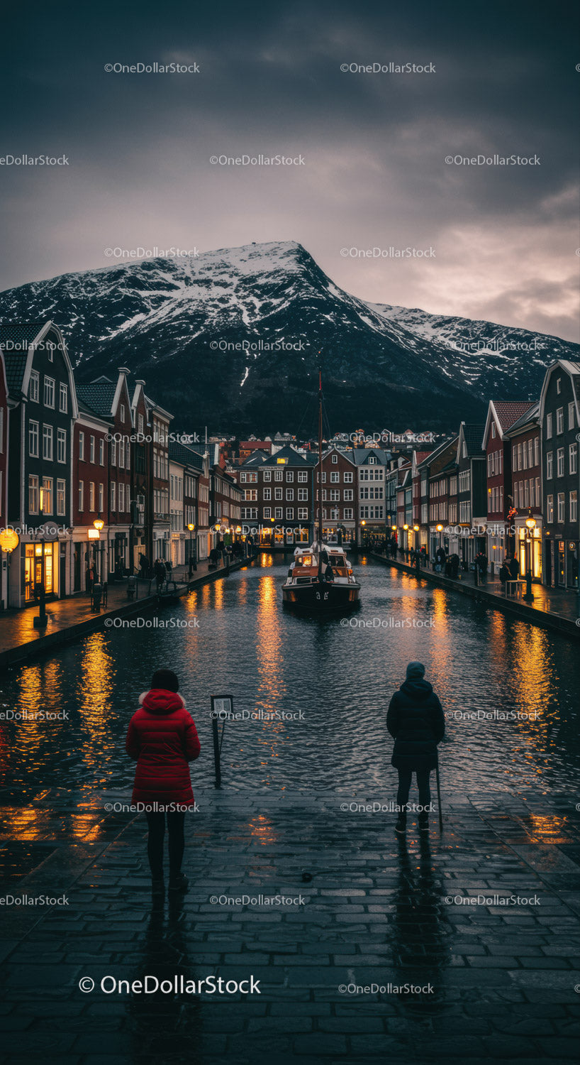 Colorful Houses Along Canal with Snow-Capped Mountain in Dusk