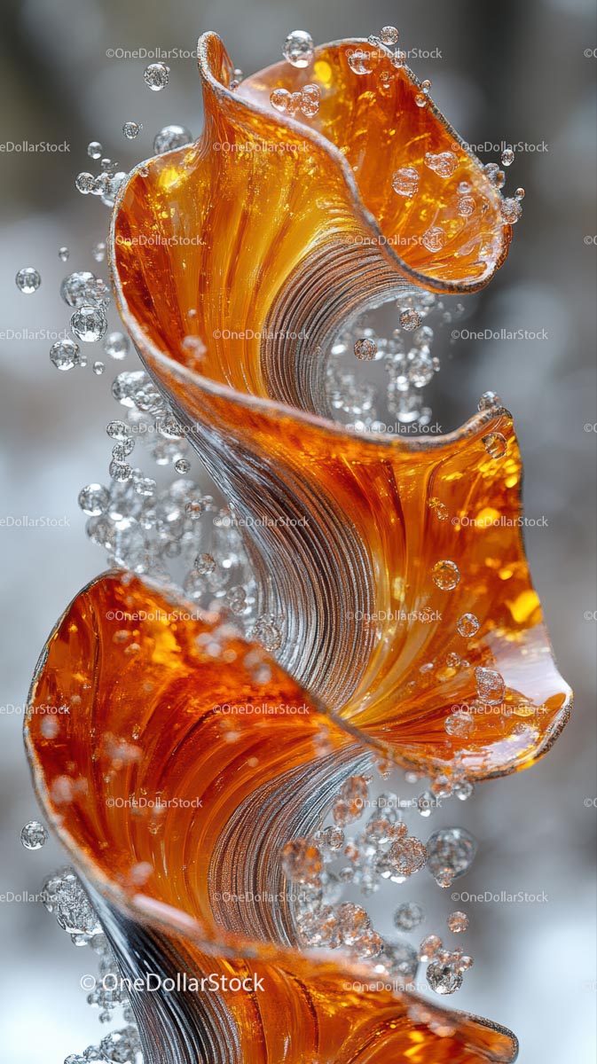 Abstract Orange Glass Sculpture with Water Splash in Motion