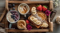 Colorful Fruit and Nut Breakfast with Coffee on Rustic Wooden Tray
