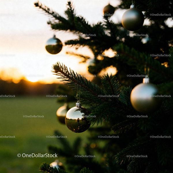 Golden baubles hanging on evergreen tree at sunset