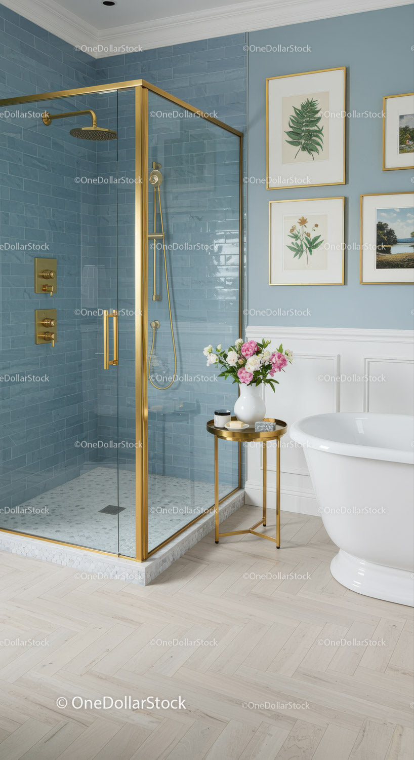 Elegant bathroom with gold accents and floral decor