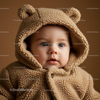 Adorable baby in cozy teddy bear hooded jacket