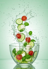 Fresh vegetable salad with water splash in glass bowl
