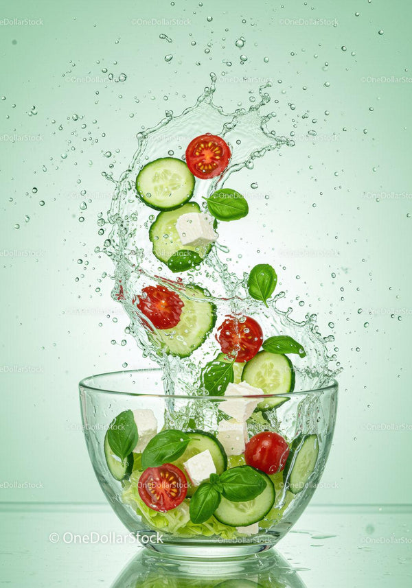 Fresh vegetable salad with water splash in glass bowl