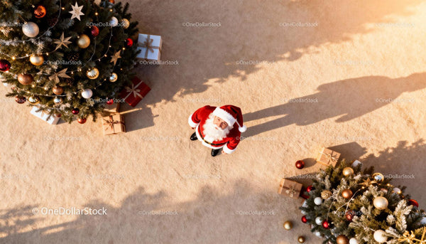 Santa Claus Looking Up Near Festive Christmas Trees