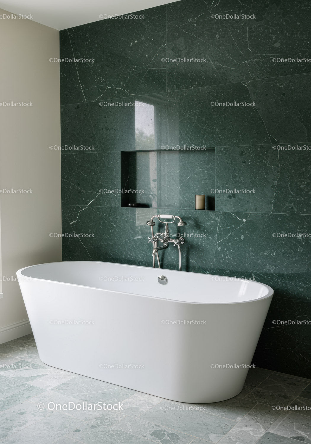Elegant Free-standing Bathtub with Marble Wall in Modern Bathroom