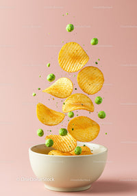 Crispy potato chips and green peas in bowl on pink