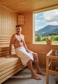 Man Relaxing in Cozy Wooden Sauna with Mountain View
