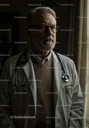 Senior Male Doctor in White Coat with Stethoscope in Medical Clinic