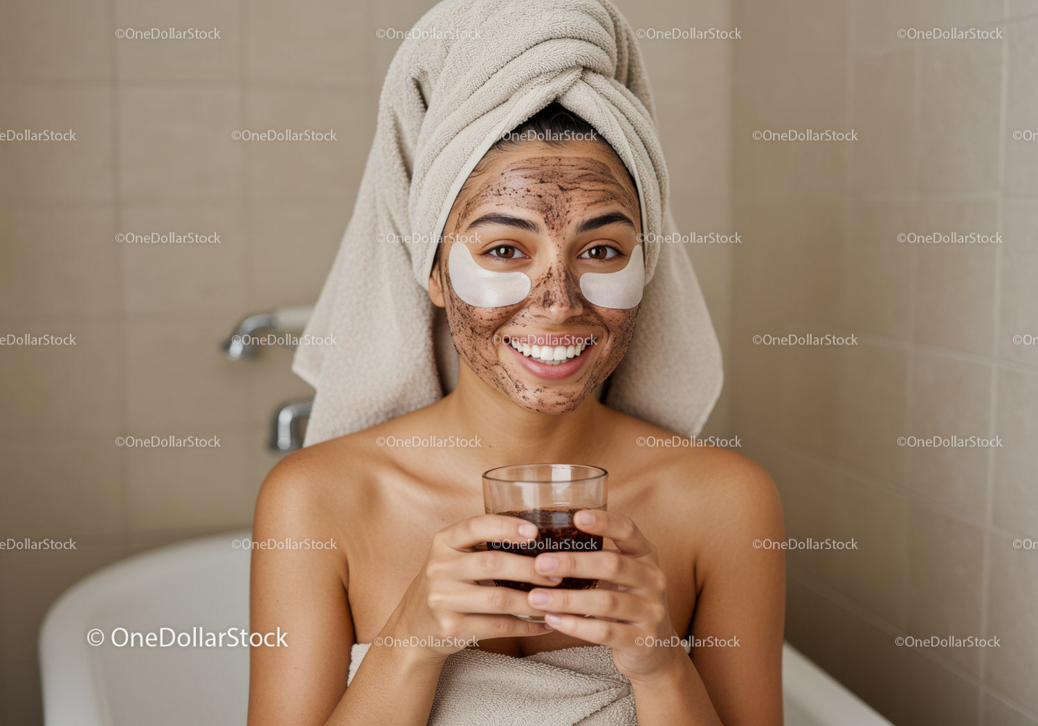 Woman Using Black Clay Facial Mask in Bathroom Spa