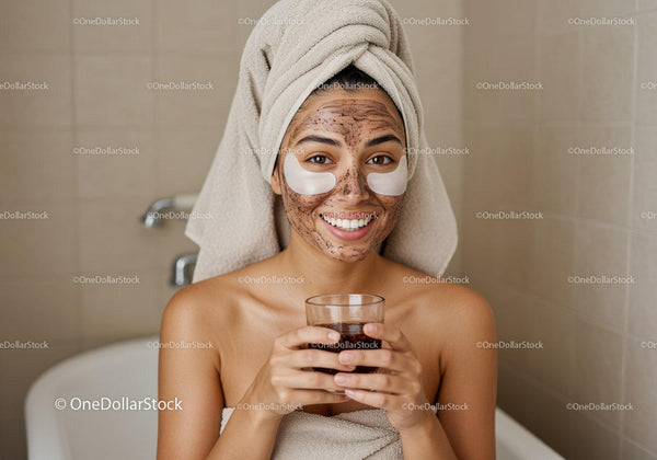 Kobieta z czarną glinkową maską na twarz w łazience spa