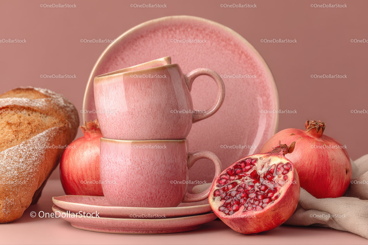 Pink Ceramic Cups and Pomegranate with Bread on Rustic Table