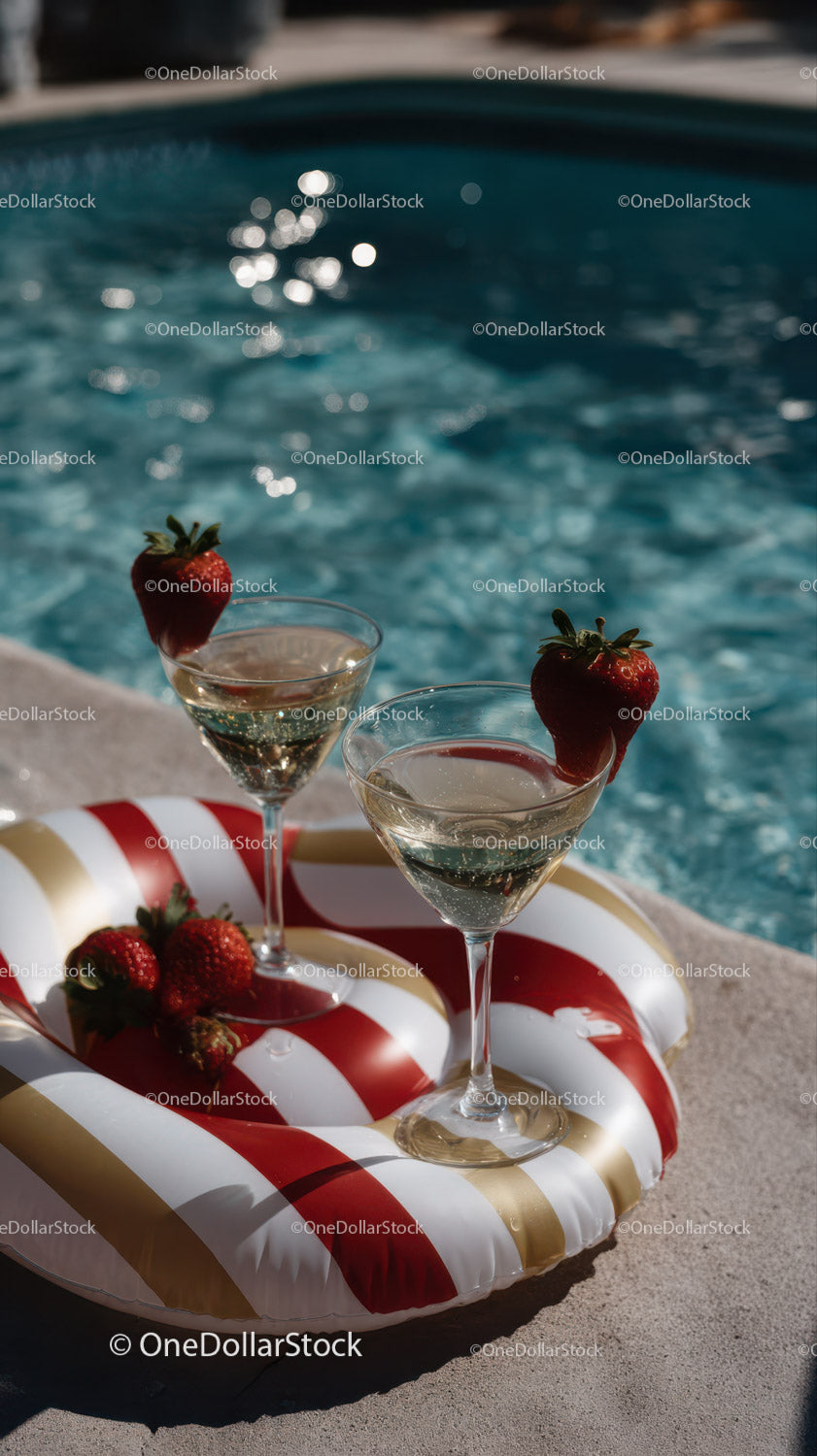 Strawberry Cocktails on Poolside Inflatable in Summer Bright Atmosphere
