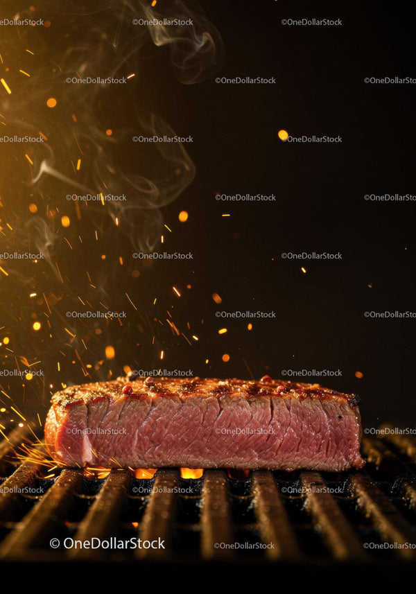 Juicy steak searing with embers on a hot grill