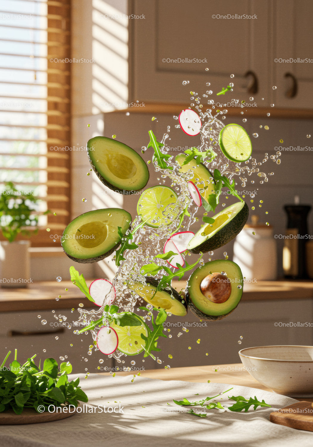 Fresh avocado and lime slices splashing with water