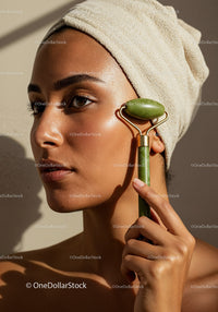 Elegant Woman Using Jade Roller for Facial Massage in Spa Setting