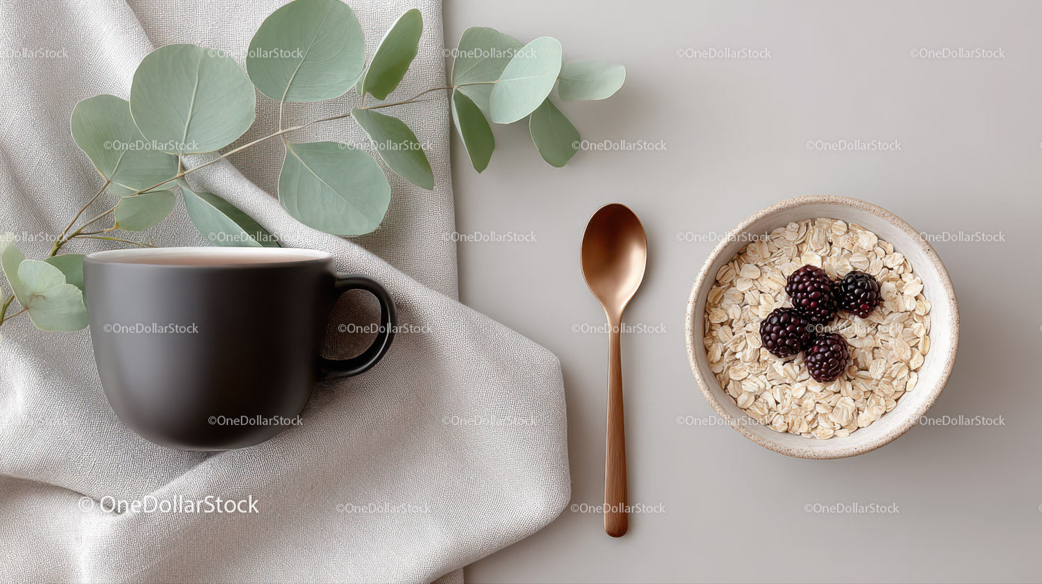 Healthy Breakfast With Oatmeal Blackberries Eucalyptus and Coffee Mug