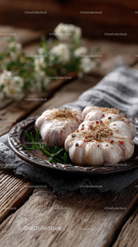 Roasted Garlic Cloves with Rosemary on Rustic Wooden Table