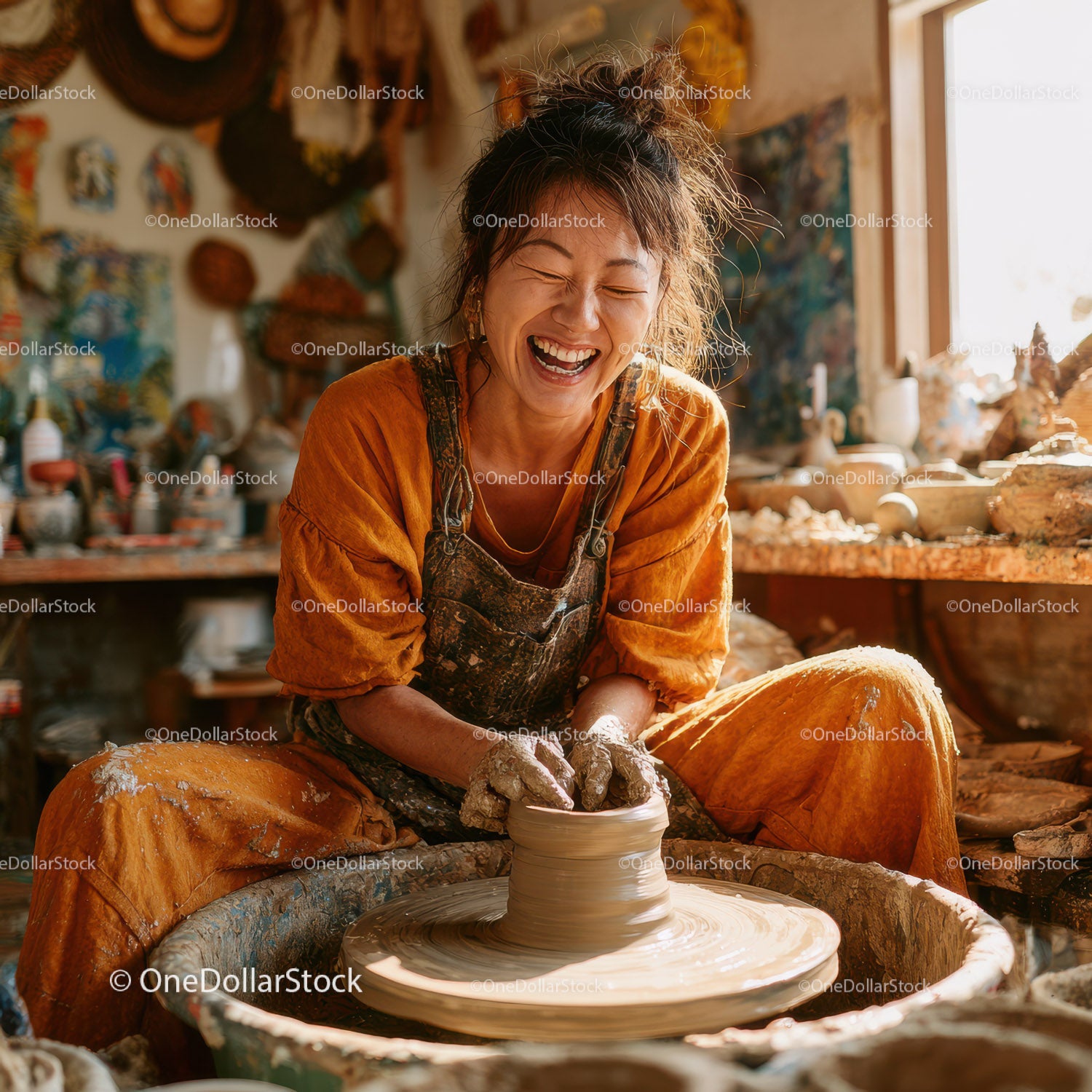 Joyful Woman Creating Handmade Pottery in Artistic Studio
