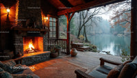 Rustic Lakeside Cabin with Fireplace and Autumn Forest View