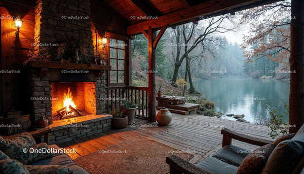 Rustic Lakeside Cabin with Fireplace and Autumn Forest View