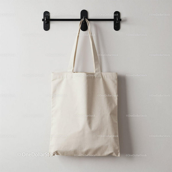 Simple cotton tote bag hanging on black wall hook JPG Mockup Image