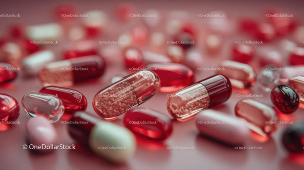 Close-up of Red and Clear Capsules with Bubbles on Pink Surface