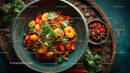 Spicy Asian Beef Stew with Rice and Fresh Herbs in a Black Stone Bowl