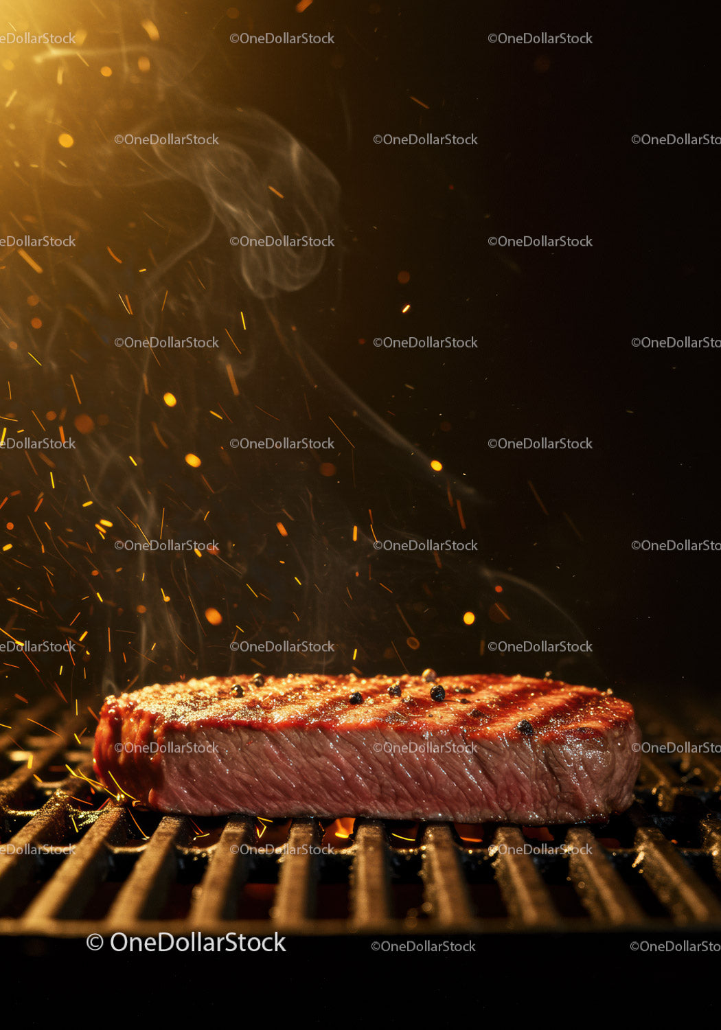 Soczysty stek skwierczący na gorącym grillu z dymnymi iskrami