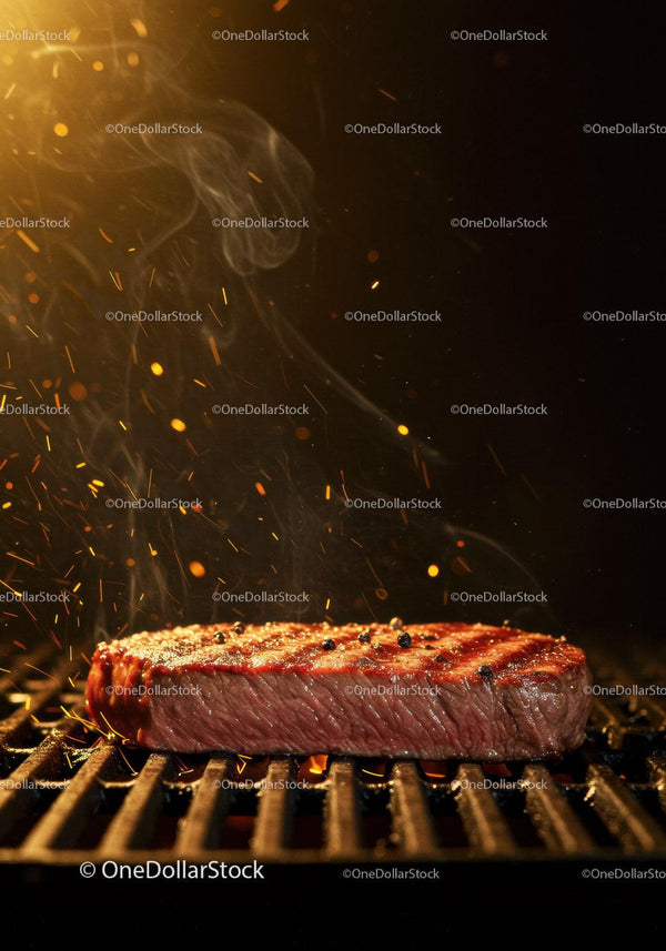 Soczysty stek skwierczący na gorącym grillu z dymnymi iskrami