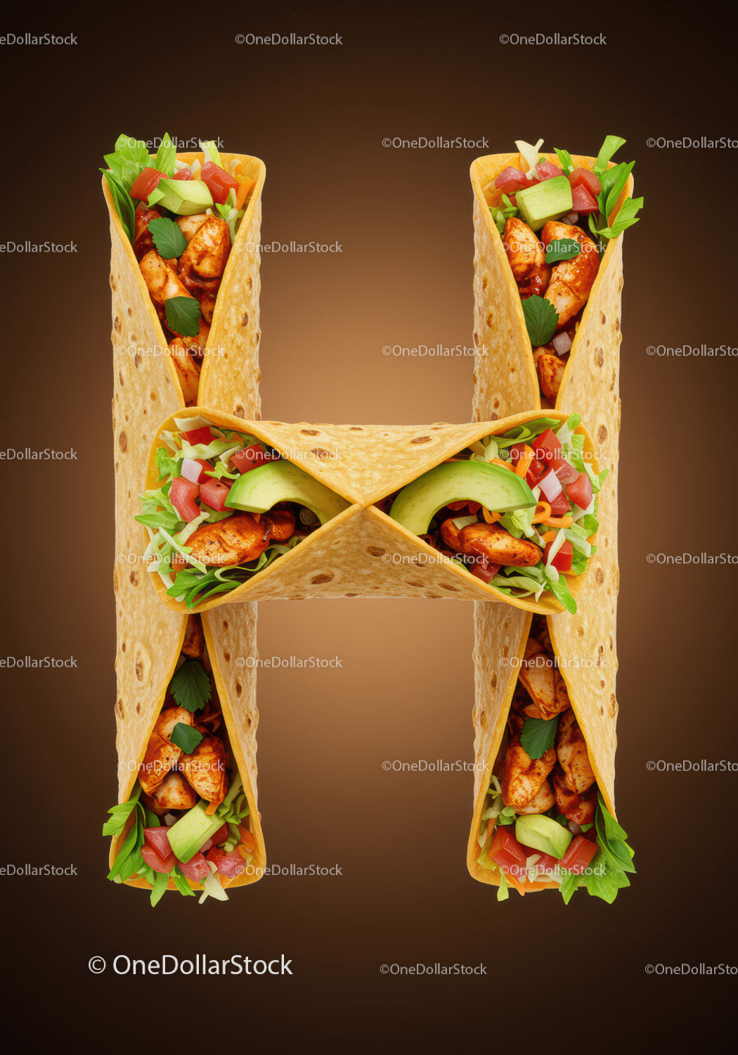 Świeże tacos z kurczakiem ułożone w kształcie litery H na brązowym tle
