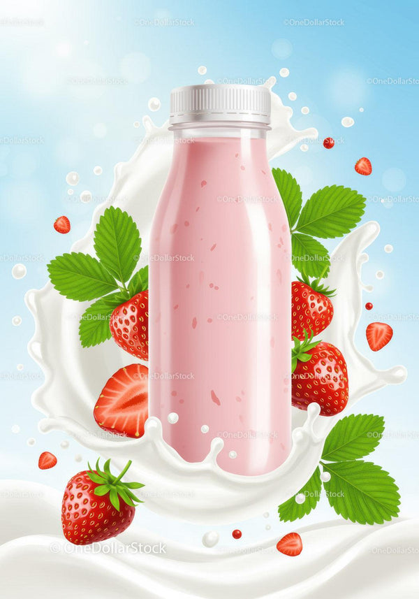 Fresh strawberry smoothie bottle with splashing milk JPG Mockup Image