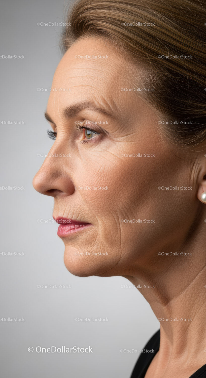 Elegant Mature Woman Profile with Natural Skin Texture and Soft Lighting