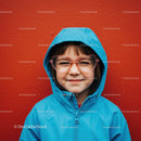 Smiling child in heart-shaped glasses and blue raincoat