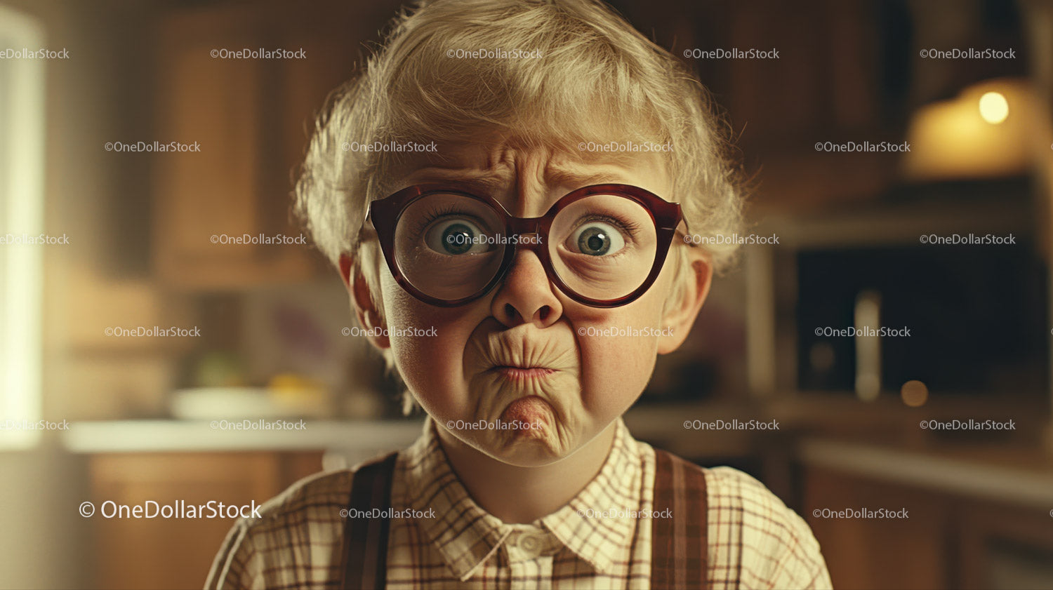 Young Boy Making Silly Face with Glasses in Warm Home Setting