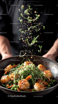 Fresh Sprouting Microgreens Falling Over Savory Skillet Dish