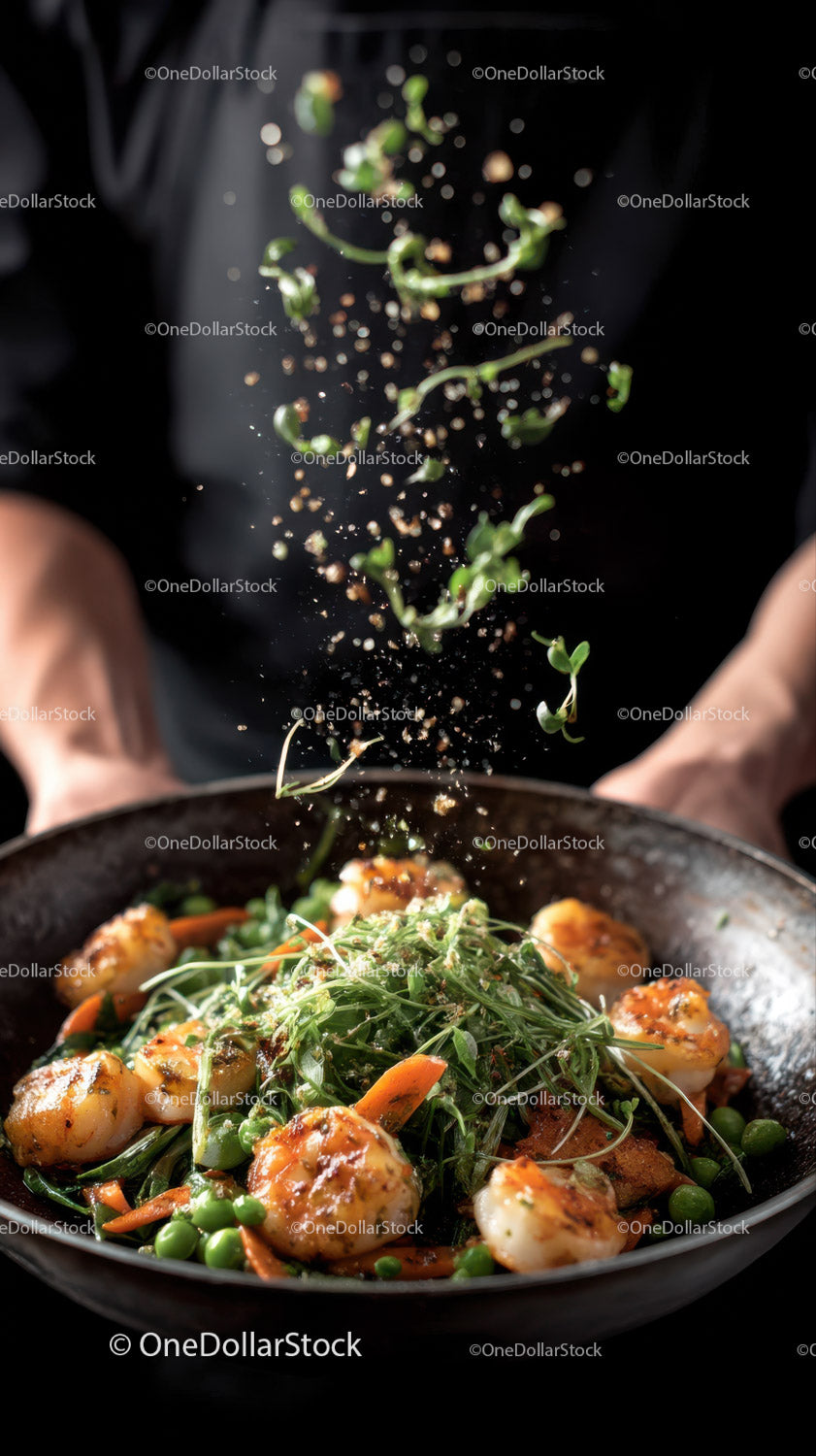 Fresh Sprouting Microgreens Falling Over Savory Skillet Dish