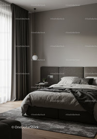 Modern minimalist bedroom with gray bedding and dark curtains