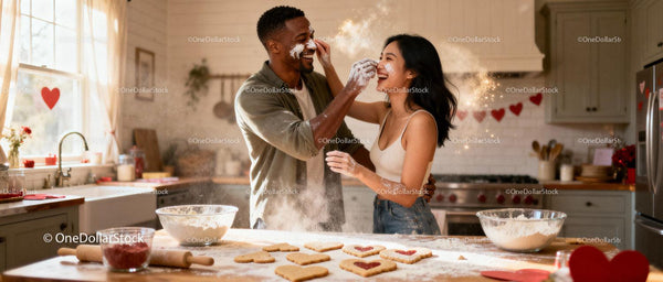 Couple Playfully Baking Heart Cookies Together at Home
