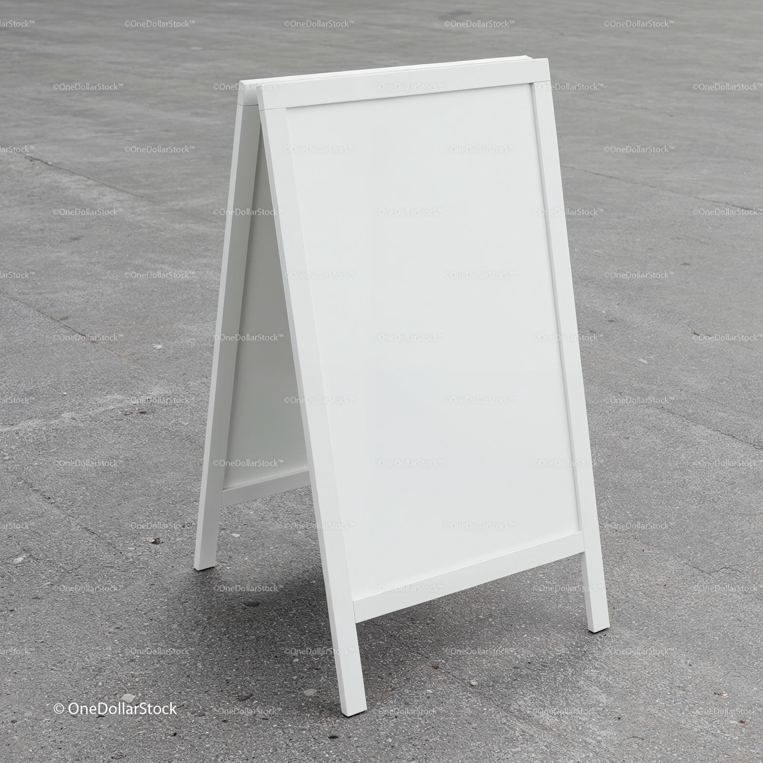 Blank white sandwich board on urban concrete pavement