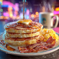Stack of Fluffy Pancakes with Syrup and Bacon for Breakfast or Brunch