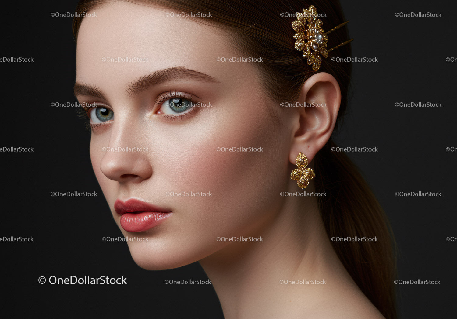 Elegant Woman with Blue Eyes Wearing Gold Jewelry and Hair Accessories
