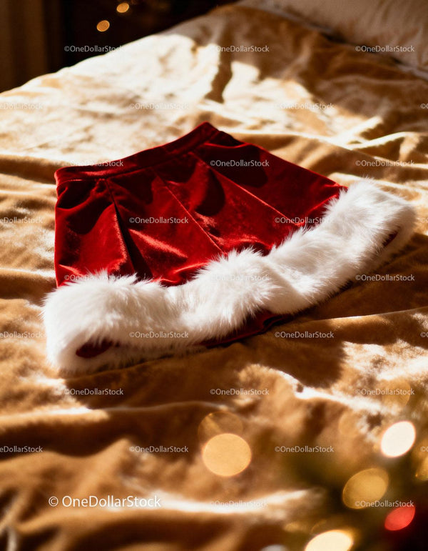 Red Velvet Christmas Skirt with White Fur Trim on Bed