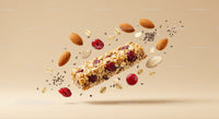 Nutty berry granola bar with floating ingredients