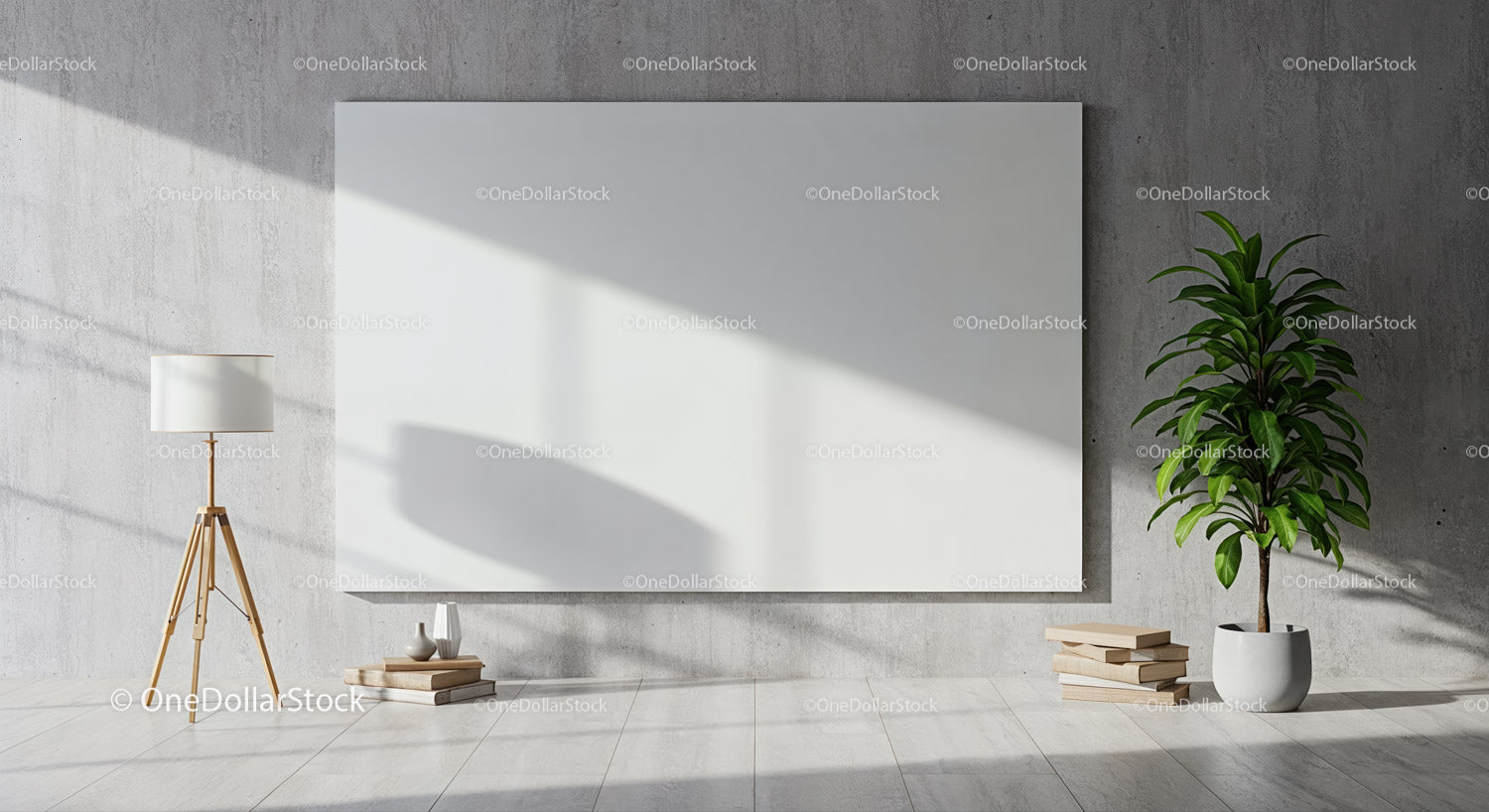 Minimalistyczny salon z pustą ścianą z płótna i zieloną rośliną