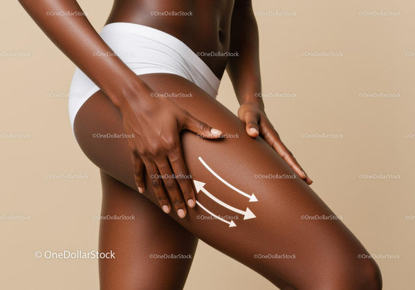 Close-up of Dark Skin Woman Touching Thigh With White Shorts
